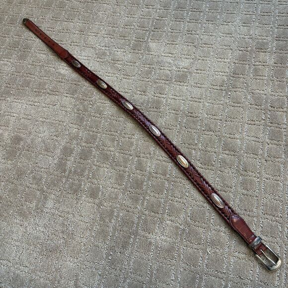 Fossil Leather Concho Belt Men 34 Brown Silver Full Grain Cowhide South Western - Picture 7 of 9